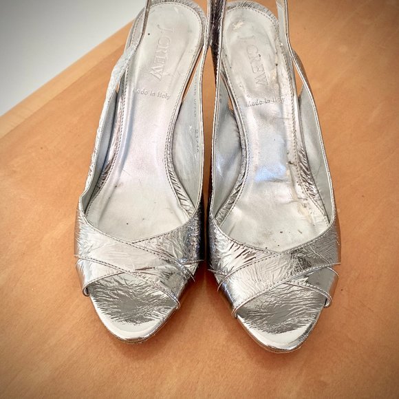 J. Crew RARE Colette Mirror Platform Metallic Silver Slingback Pumps - Picture 6 of 16